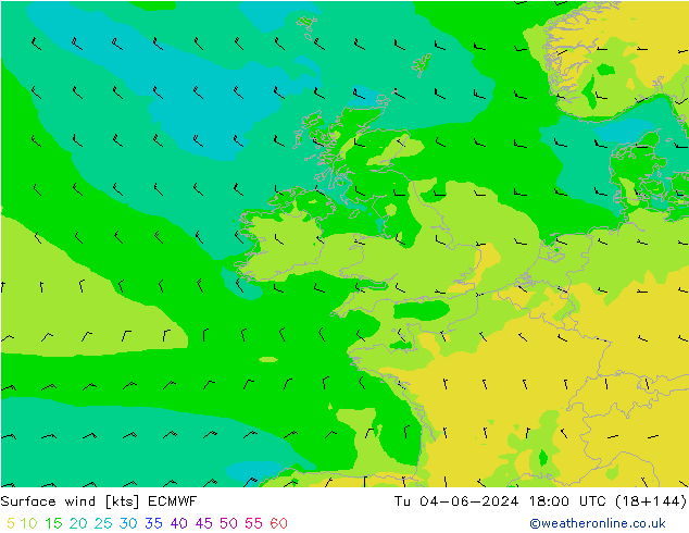 Surface wind ECMWF Út 04.06.2024 18 UTC