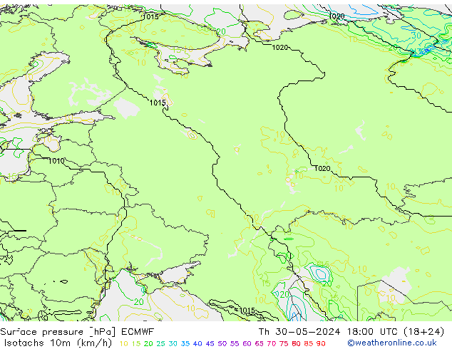 Isotachs (kph) ECMWF Qui 30.05.2024 18 UTC