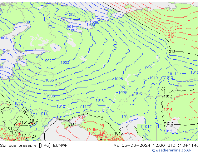 Atmosférický tlak ECMWF Po 03.06.2024 12 UTC