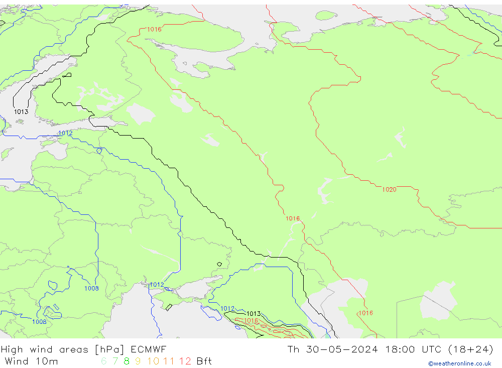 High wind areas ECMWF Čt 30.05.2024 18 UTC