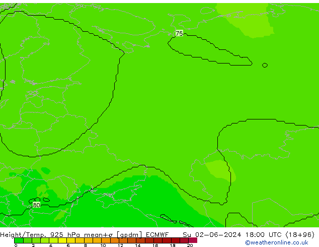 Height/Temp. 925 hPa ECMWF Dom 02.06.2024 18 UTC