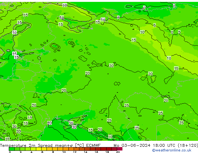 Temperature 2m Spread ECMWF Po 03.06.2024 18 UTC