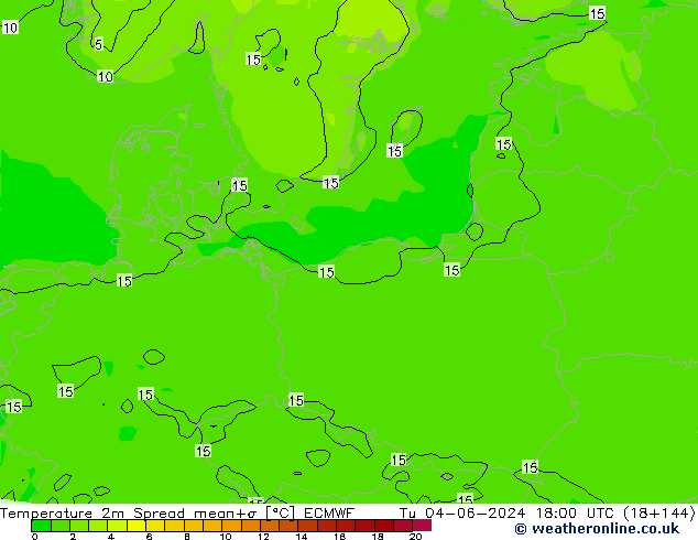 Sıcaklık Haritası 2m Spread ECMWF Sa 04.06.2024 18 UTC