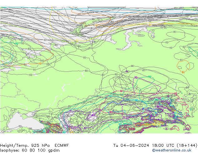 Height/Temp. 925 hPa ECMWF Út 04.06.2024 18 UTC