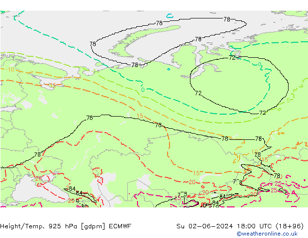 Height/Temp. 925 гПа ECMWF Вс 02.06.2024 18 UTC