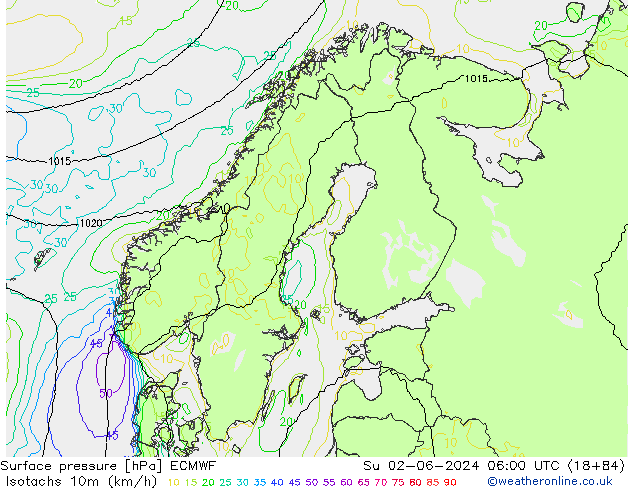 Izotacha (km/godz) ECMWF nie. 02.06.2024 06 UTC