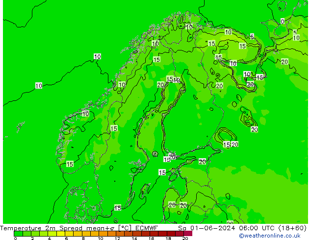 карта температуры Spread ECMWF сб 01.06.2024 06 UTC