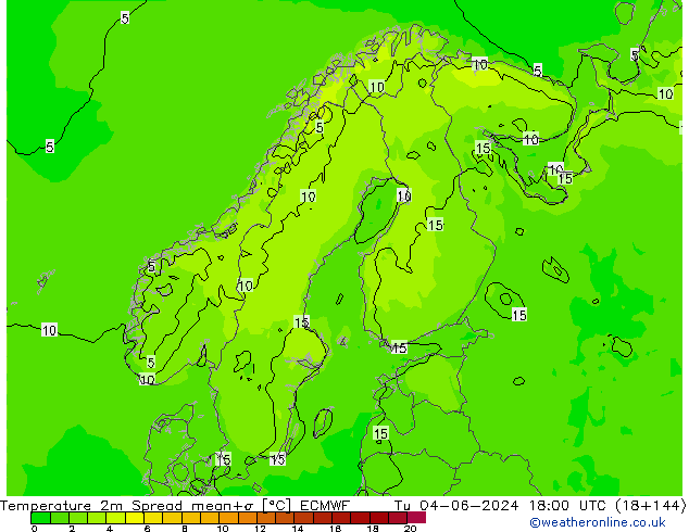 карта температуры Spread ECMWF вт 04.06.2024 18 UTC