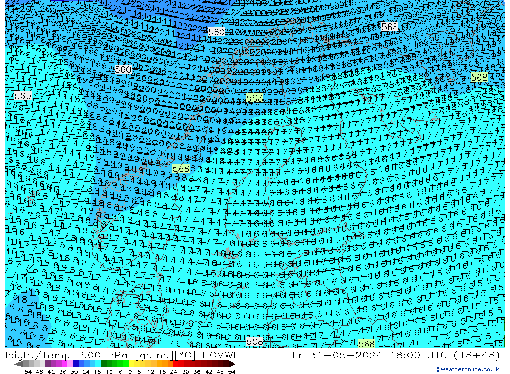 Height/Temp. 500 hPa ECMWF Fr 31.05.2024 18 UTC