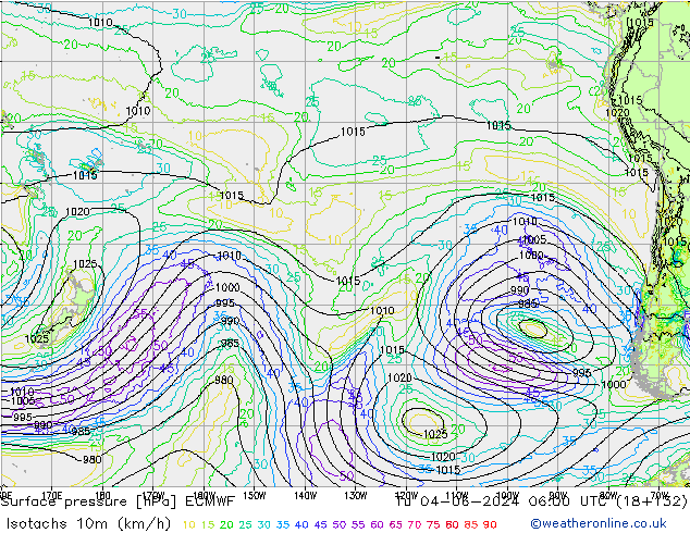 Izotacha (km/godz) ECMWF wto. 04.06.2024 06 UTC