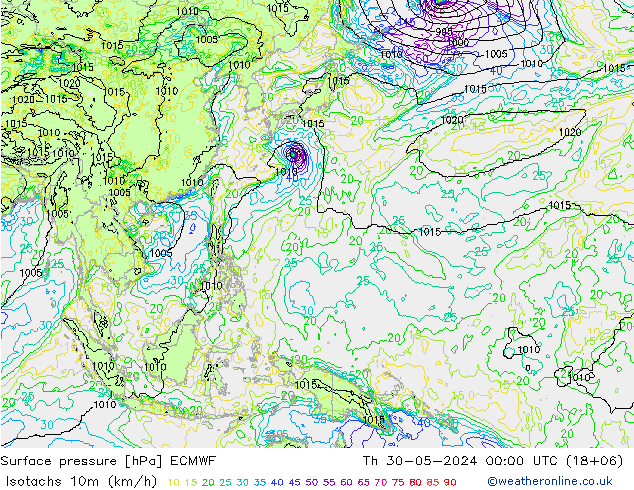 Izotacha (km/godz) ECMWF czw. 30.05.2024 00 UTC