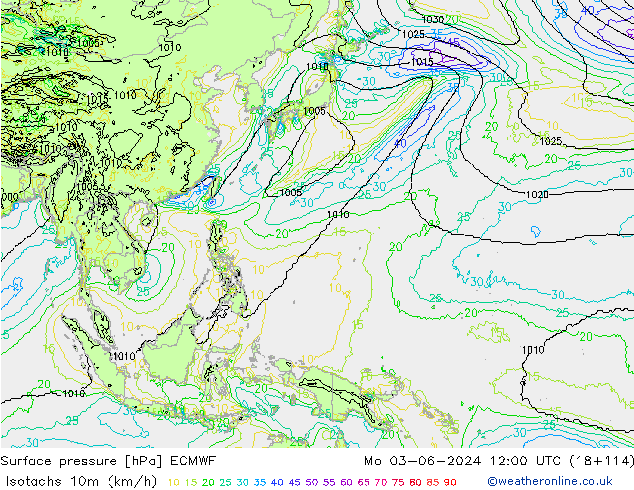 Isotachs (kph) ECMWF lun 03.06.2024 12 UTC