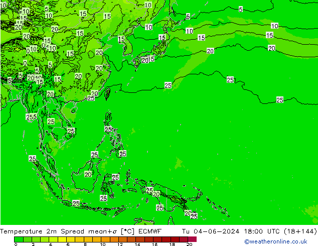 Temperatuurkaart Spread ECMWF di 04.06.2024 18 UTC