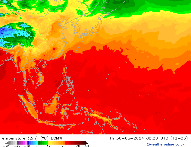 mapa temperatury (2m) ECMWF czw. 30.05.2024 00 UTC