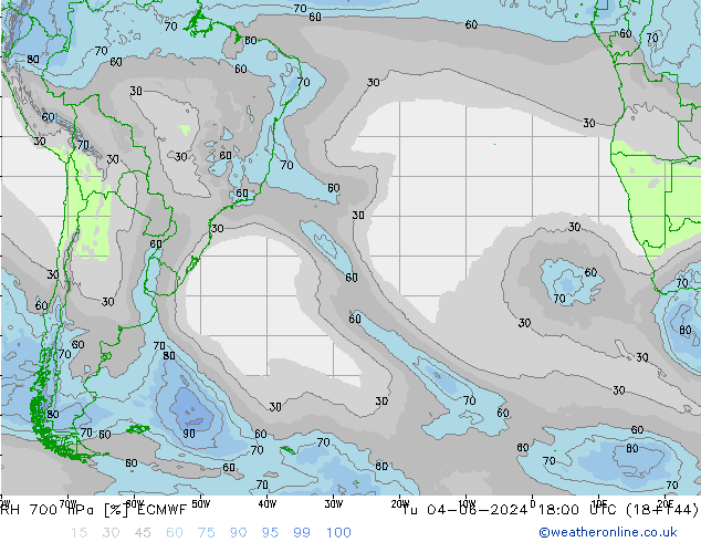 RH 700 hPa ECMWF Tu 04.06.2024 18 UTC