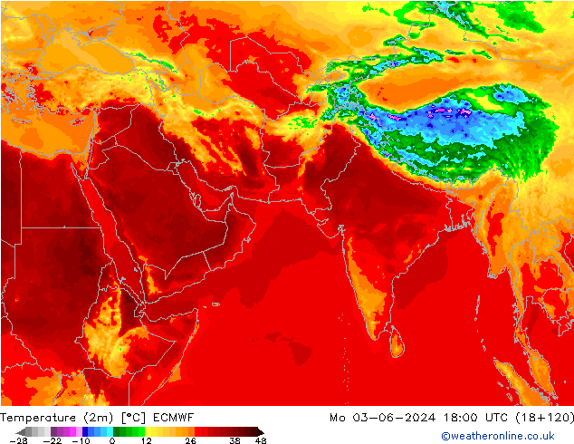 Temperature (2m) ECMWF Mo 03.06.2024 18 UTC
