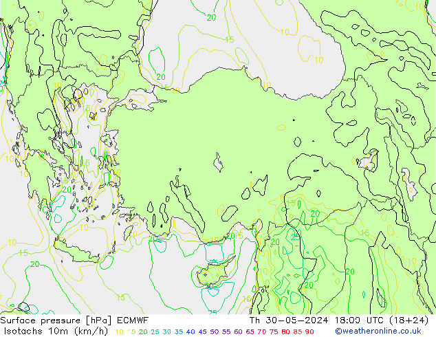 Isotachs (kph) ECMWF Čt 30.05.2024 18 UTC