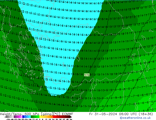 Hoogte/Temp. 500 hPa ECMWF vr 31.05.2024 06 UTC