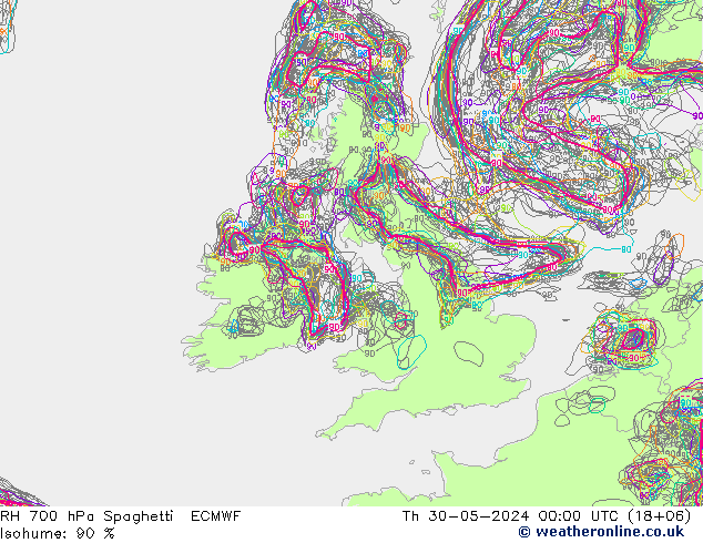 RH 700 hPa Spaghetti ECMWF Qui 30.05.2024 00 UTC