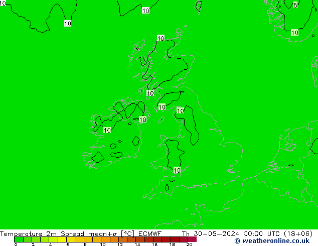 Temperatura 2m Spread ECMWF Qui 30.05.2024 00 UTC