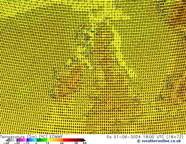 Temperatura (2m) ECMWF sab 01.06.2024 18 UTC