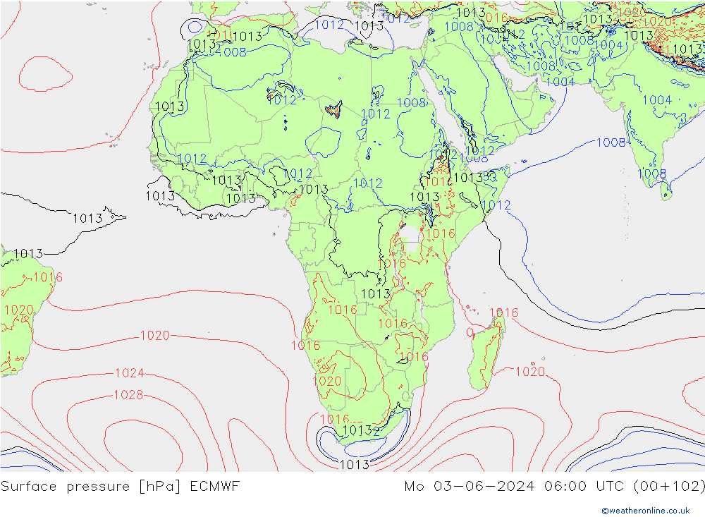 Surface pressure ECMWF Mo 03.06.2024 06 UTC