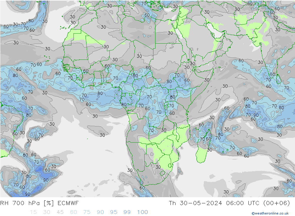 Humidité rel. 700 hPa ECMWF jeu 30.05.2024 06 UTC