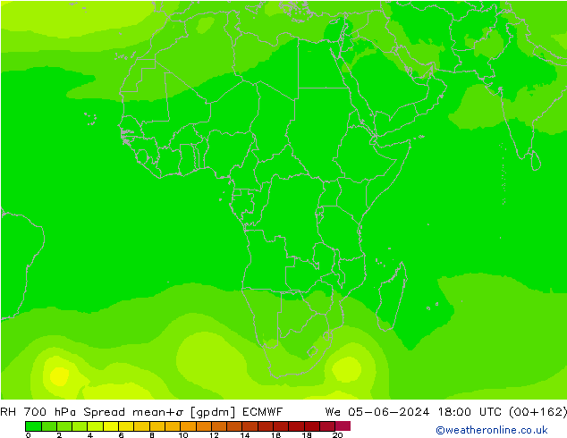 700 hPa Nispi Nem Spread ECMWF Çar 05.06.2024 18 UTC