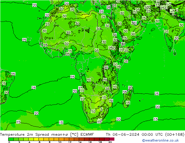 Temperatura 2m Spread ECMWF Qui 06.06.2024 00 UTC