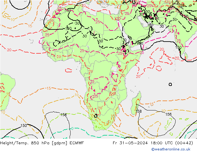 Hoogte/Temp. 850 hPa ECMWF vr 31.05.2024 18 UTC