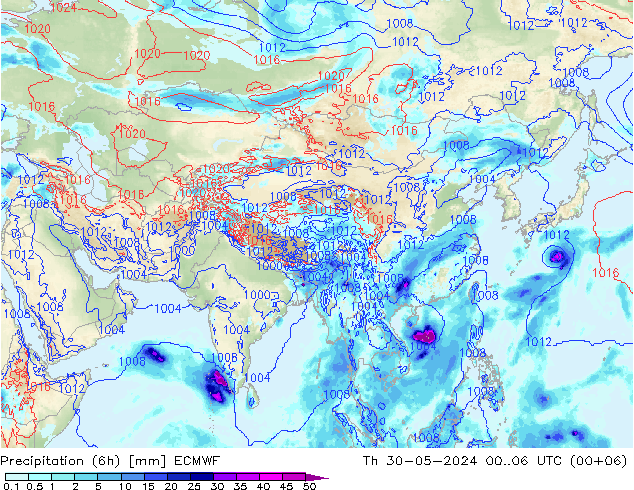 Precipitation (6h) ECMWF Th 30.05.2024 06 UTC