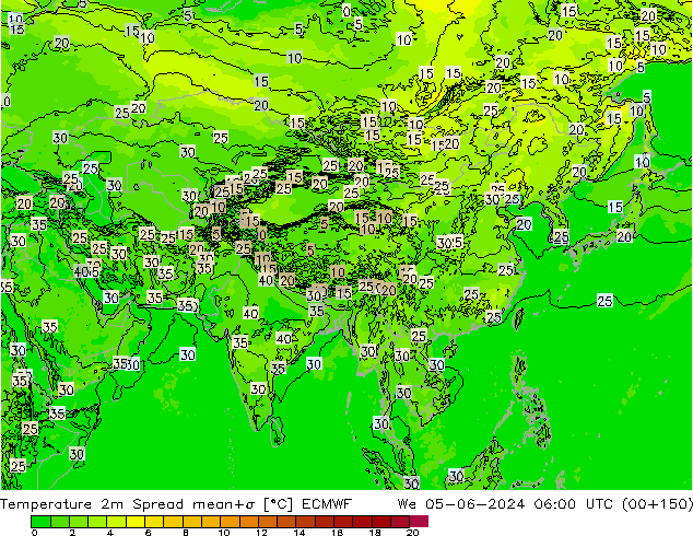 Temperature 2m Spread ECMWF St 05.06.2024 06 UTC