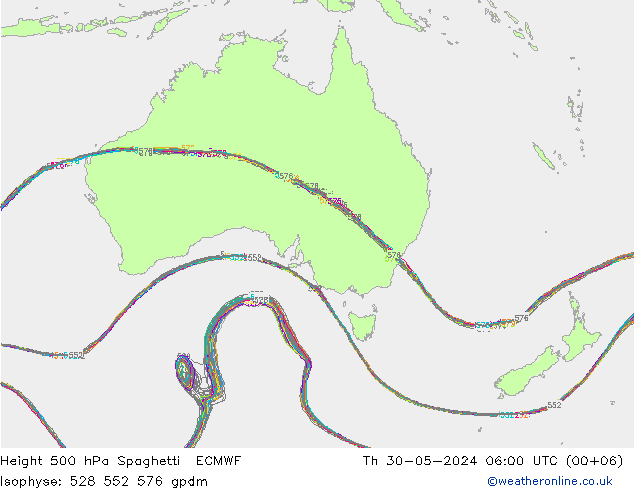 Height 500 hPa Spaghetti ECMWF Th 30.05.2024 06 UTC