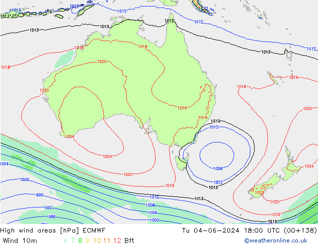 High wind areas ECMWF вт 04.06.2024 18 UTC