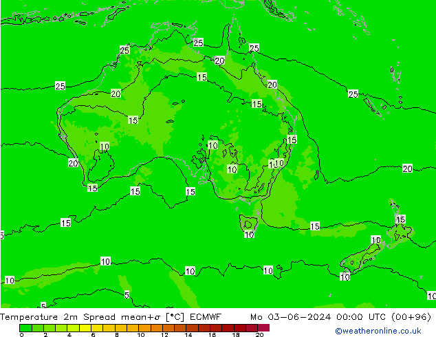 Temperatura 2m Spread ECMWF lun 03.06.2024 00 UTC