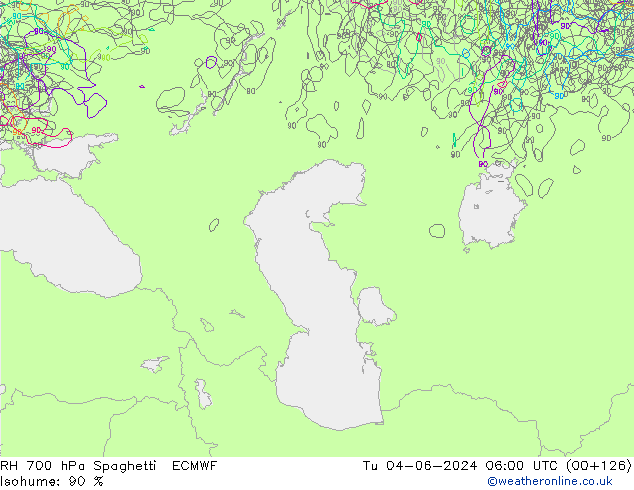RH 700 hPa Spaghetti ECMWF  04.06.2024 06 UTC