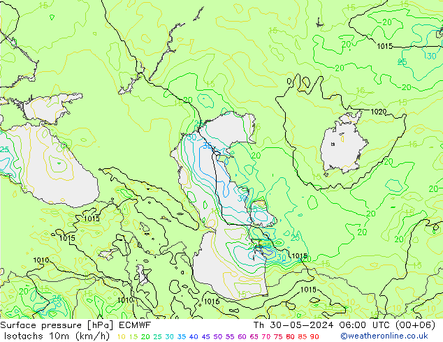 Isotachs (kph) ECMWF gio 30.05.2024 06 UTC