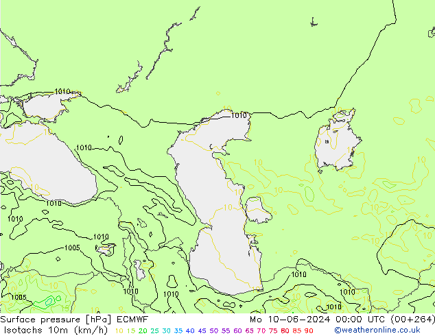 Isotachs (kph) ECMWF Mo 10.06.2024 00 UTC