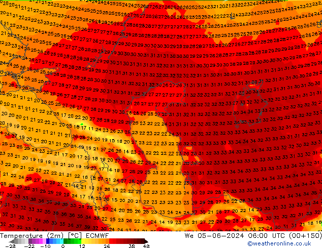 Temperaturkarte (2m) ECMWF Mi 05.06.2024 06 UTC