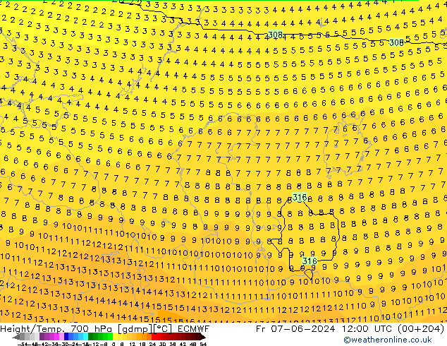 Géop./Temp. 700 hPa ECMWF ven 07.06.2024 12 UTC