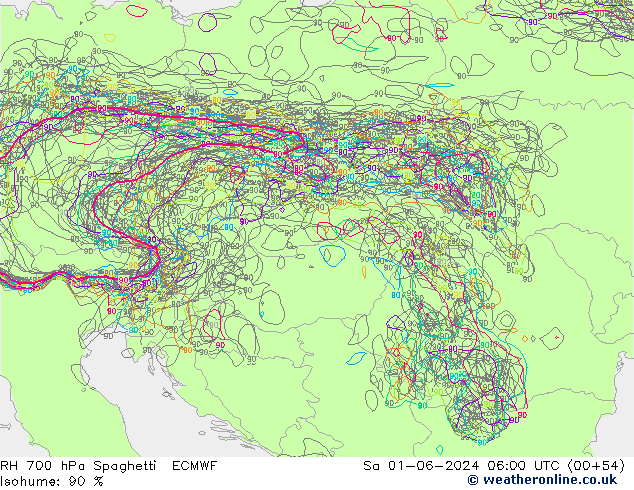 Humedad rel. 700hPa Spaghetti ECMWF sáb 01.06.2024 06 UTC