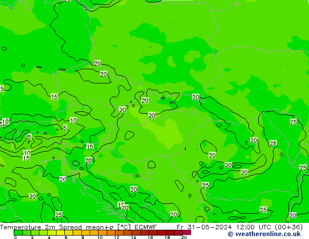 Temperature 2m Spread ECMWF Fr 31.05.2024 12 UTC