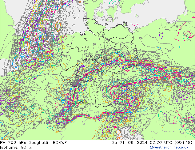 RH 700 hPa Spaghetti ECMWF Sa 01.06.2024 00 UTC
