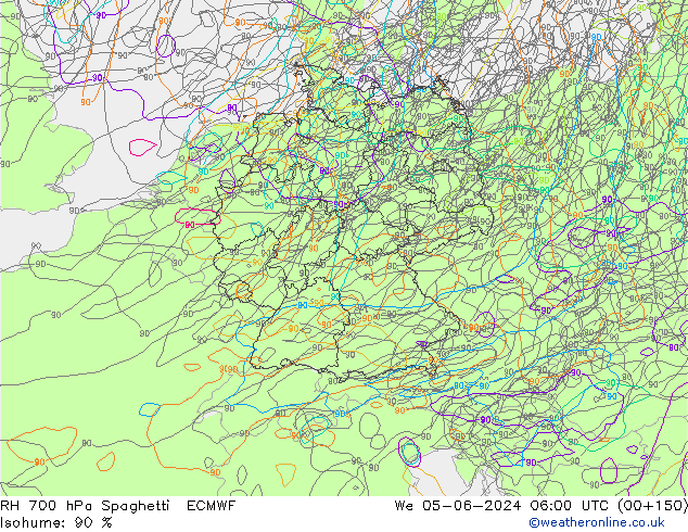 RH 700 hPa Spaghetti ECMWF Qua 05.06.2024 06 UTC