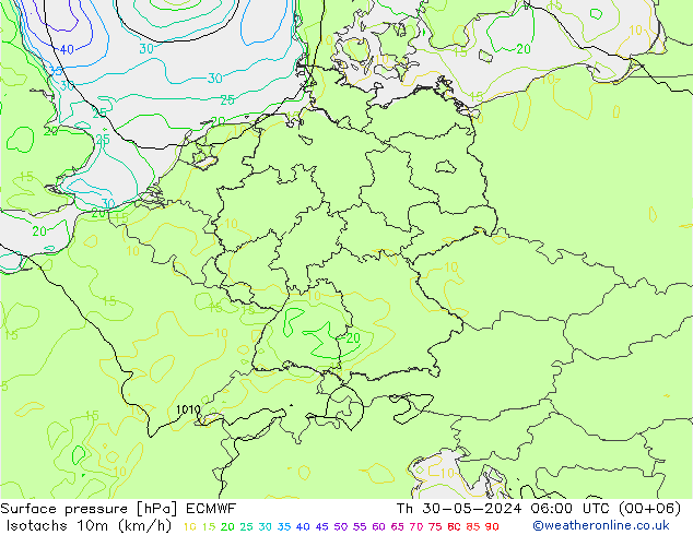 Isotachs (kph) ECMWF Qui 30.05.2024 06 UTC