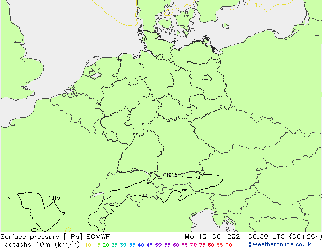 Isotachs (kph) ECMWF пн 10.06.2024 00 UTC