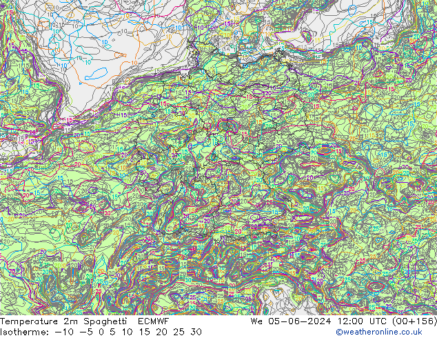 Temperatura 2m Spaghetti ECMWF mer 05.06.2024 12 UTC
