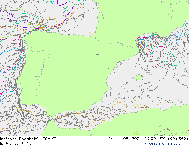 Isotachs Spaghetti ECMWF Pá 14.06.2024 00 UTC