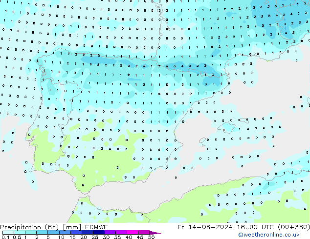 Precipitation (6h) ECMWF Pá 14.06.2024 00 UTC