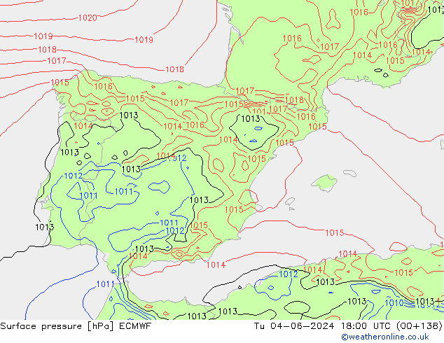 Surface pressure ECMWF Tu 04.06.2024 18 UTC